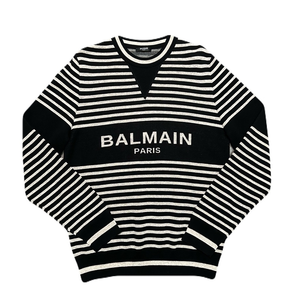 Balmain Black and White Striped Crewneck Sweater